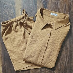 Brown Textured Button-Up Shirt and Pants Set